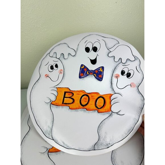 Halloween Ghost Trio BOO Set of 4 Vinyl Circle Placemats Happy Cute Bow Tie - Picture 5 of 13